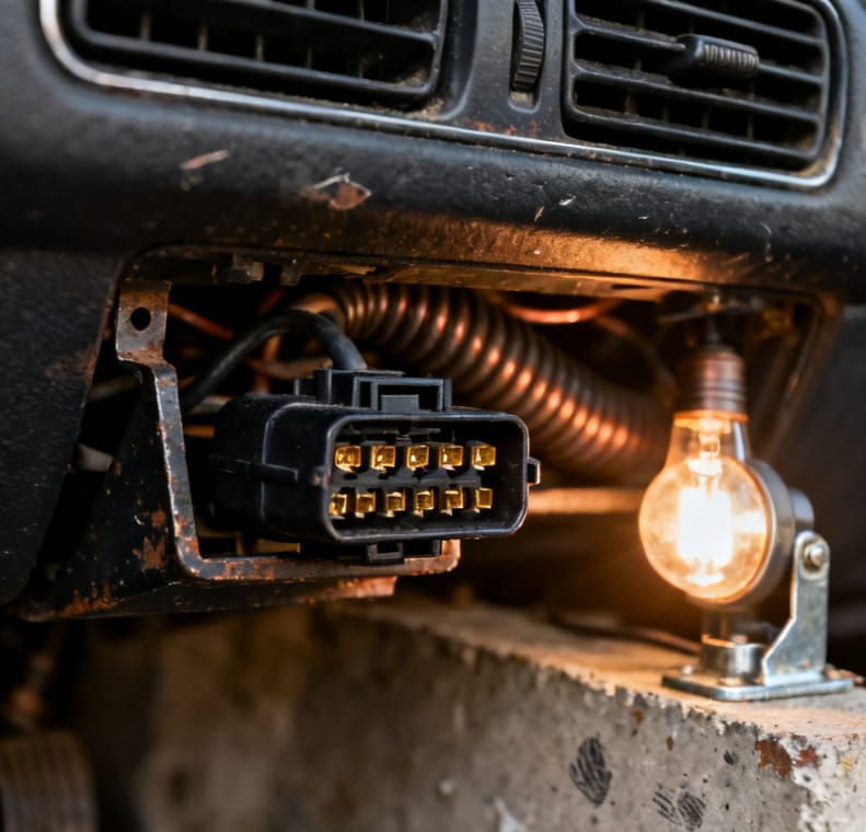 Diagnosestecker im Fußraum eines Fahrzeugs, angeleuchtet von einer Arbeitsleuchte