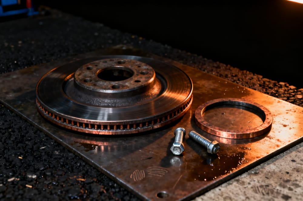 Bremsscheibe und Radnabe im Detail, warm ausgeleuchtet