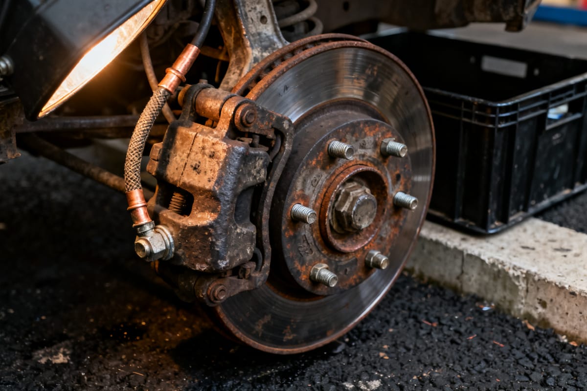 Bremssattel und Bremsscheibe an einer Radnabe, harte Lichtkante aus einer Arbeitsleuchte