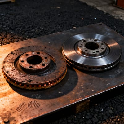 Radnabe mit Bremsscheibe im Detail, daneben das ausgebaute Altteil